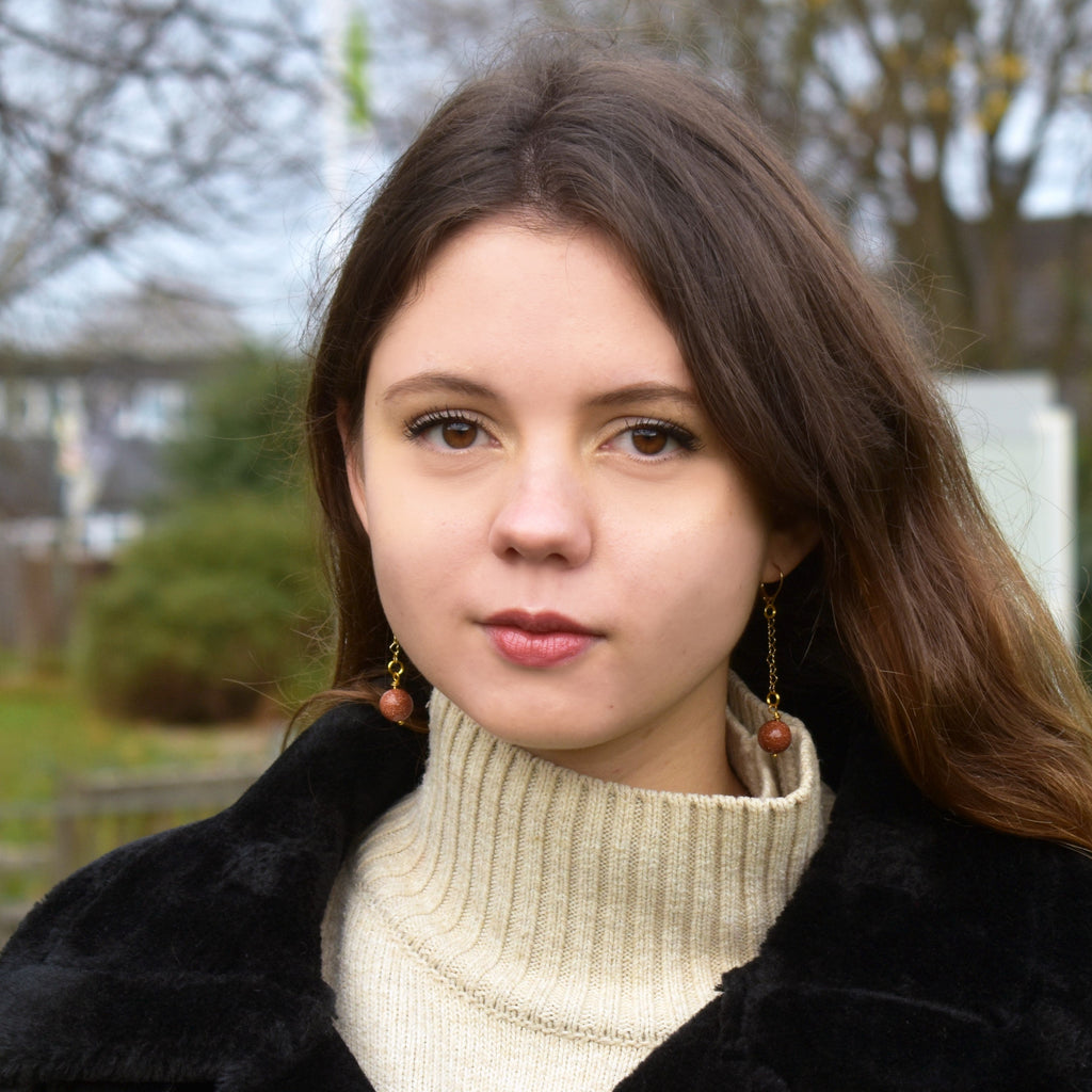 Brown Goldstone and Yellow Gold Vermeil Earrings, Heart Chain Earrings, Bloom Collection