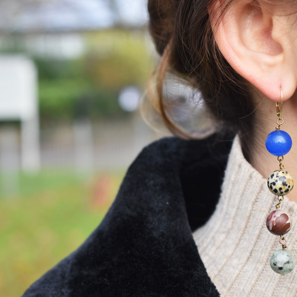 Blue Aventurine, Dalmatian Jasper, Mookaite and Sesame Jasper Yellow gold vermeil or 18k gold earrings
