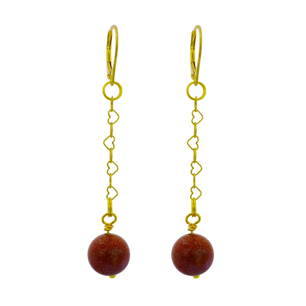 Brown Goldstone and Yellow Gold Vermeil Earrings, Heart Chain Earrings, Bloom Collection