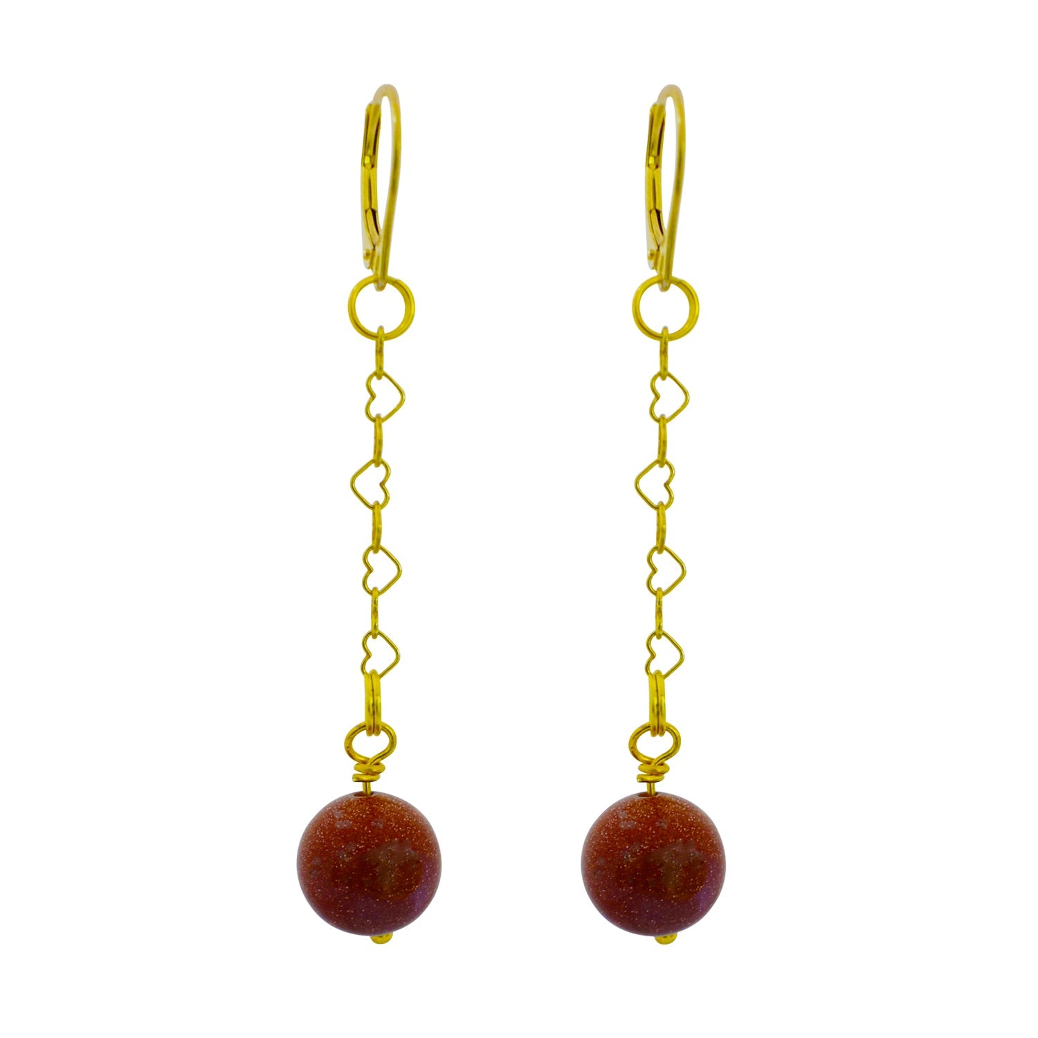 Brown Goldstone and Yellow Gold Vermeil Earrings, Heart Chain Earrings, Bloom Collection