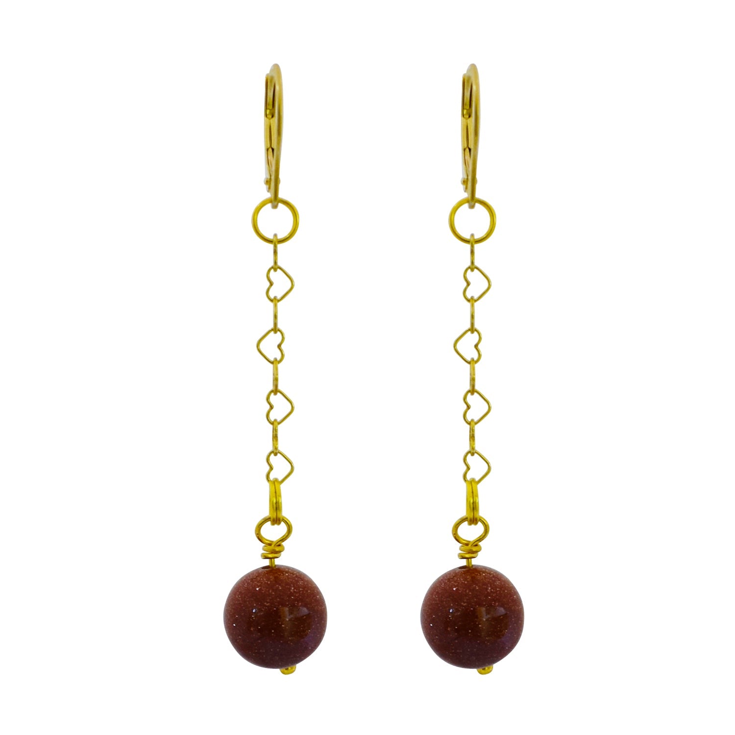 Brown Goldstone and Yellow Gold Vermeil Earrings, Heart Chain Earrings, Bloom Collection