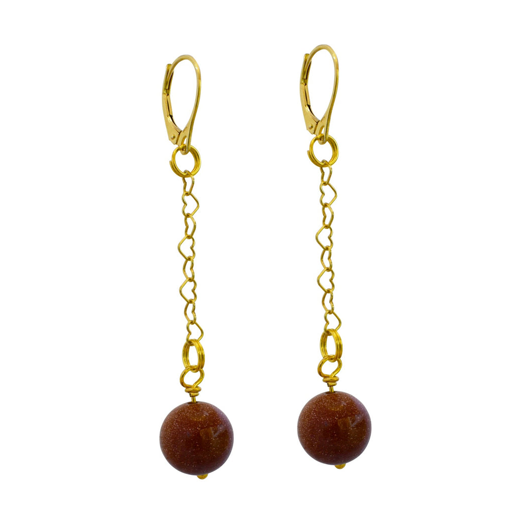 Brown Goldstone and Yellow Gold Vermeil Earrings, Heart Chain Earrings, Bloom Collection