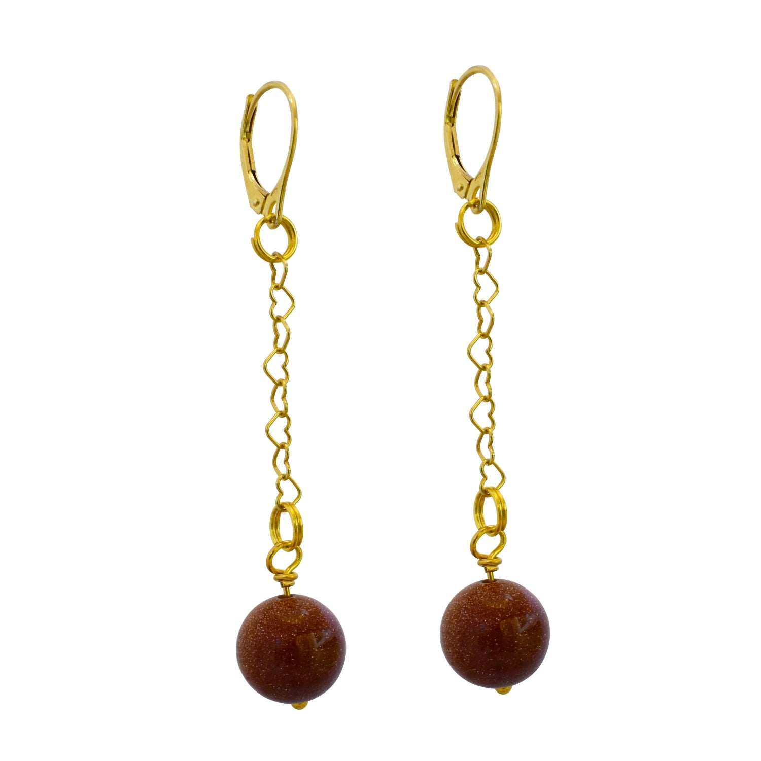 Brown Goldstone and Yellow Gold Vermeil Earrings, Heart Chain Earrings, Bloom Collection