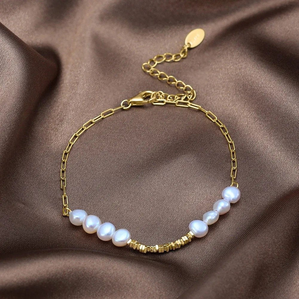 Minimalist Baroque Freshwater Pearl Bracelet – 14K Gold Plated 925 Silver